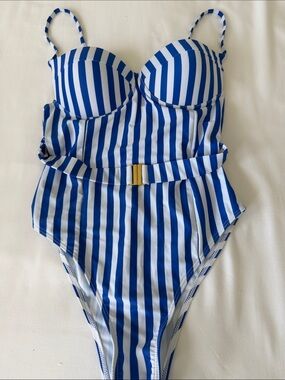 Classic Blue & White Striped One-Piece Swimsuit with Belt Accent M